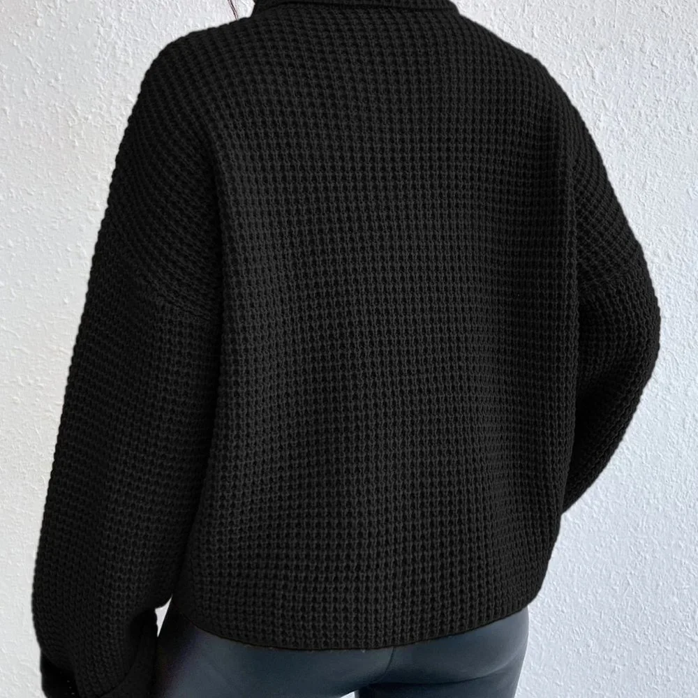 Black Casual Womens Turtleneck Drop Shoulder Waffle Knit Sweater - Picture 2 of 5